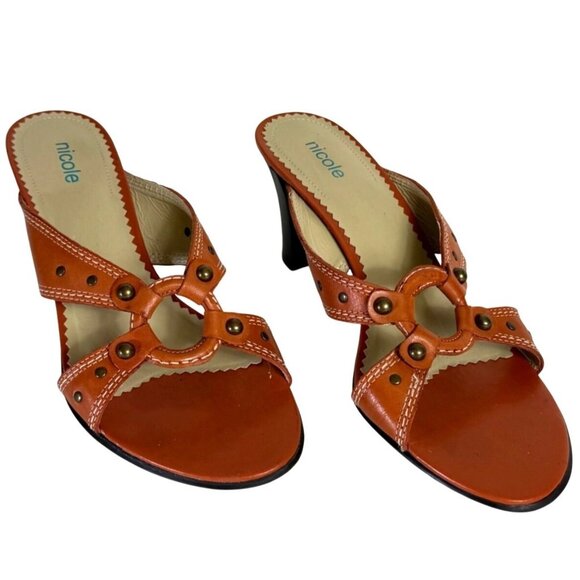 Nicole Rust Orange Sandals Sz 8.5 Leather High Heel Open Toe Cutouts Brass Studs - Picture 1 of 15